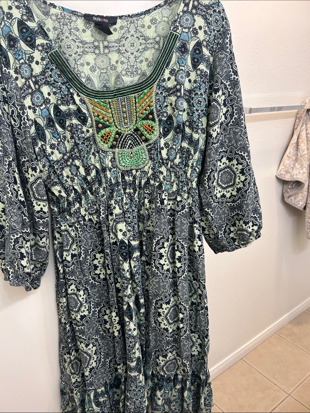Style & Co. Mint and Navy Printed Maxi Dress with Beaded Yoke